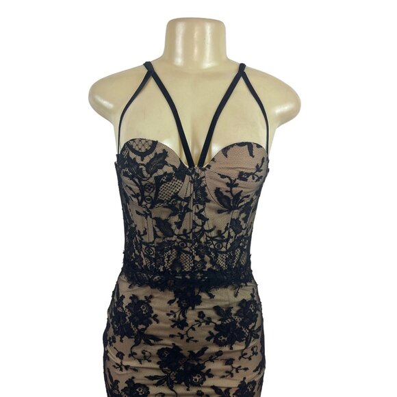 Black Lace Overlay Nude Lined Strappy Corset Midi Dress With Zipper Back - Picture 4 of 8